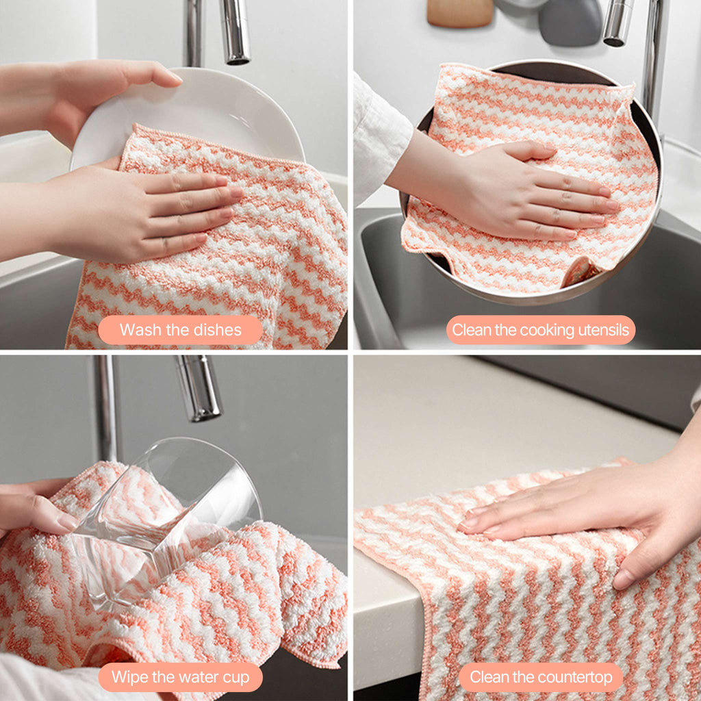 Coral Fleece Dishcloth Set | Super Absorbent Wave Pattern Cleaning Cloth | Kitchen & Hand Towel