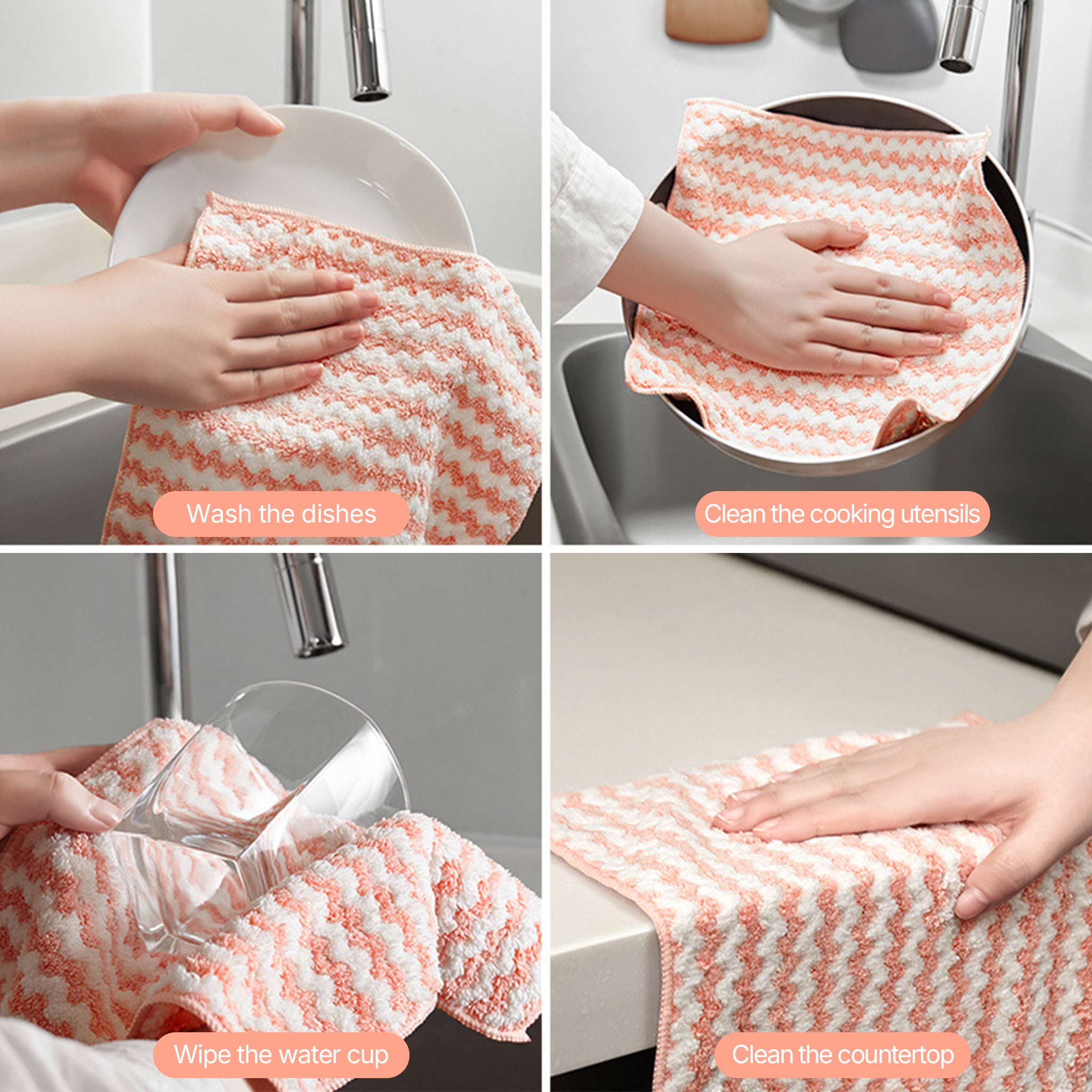 Coral Fleece Dishcloth Set | Super Absorbent Wave Pattern Cleaning Cloth | Kitchen & Hand Towel