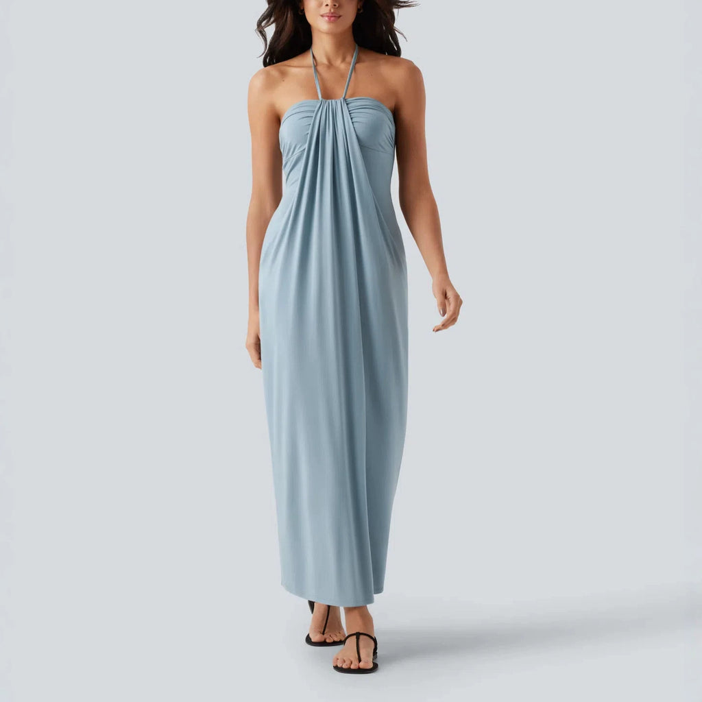 Women’s Light Blue Halter Neck Maxi Dress | Strapless Draped Long Dress with Pockets