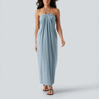 Women’s Light Blue Halter Neck Maxi Dress | Strapless Draped Long Dress with Pockets