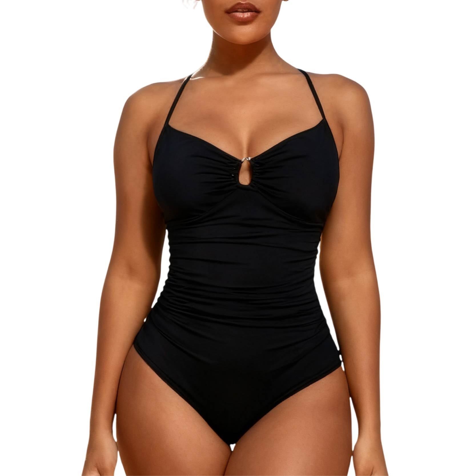 Women's Solid Color Slimming One-Piece Swimsuit | Tummy Control Double-Strap Bathing Suit