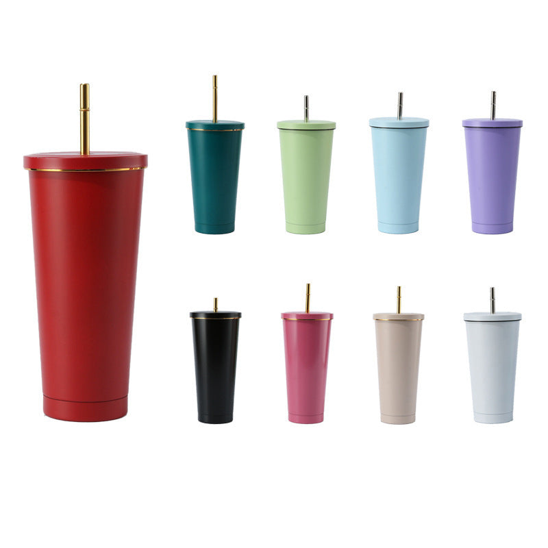 304 Stainless Steel Insulated Coffee Tumbler with Straw | Double Wall Vacuum Car Travel Mug with Gold Rim