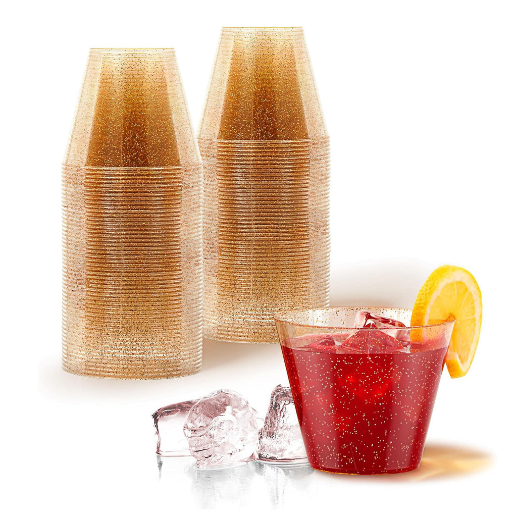 Gold Glitter Plastic Wine Glasses | Disposable Cocktail Cups for Parties, Weddings & Celebrations