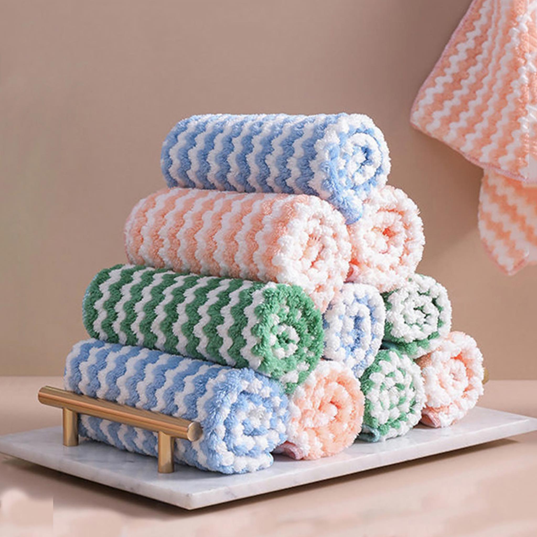 Coral Fleece Dishcloth Set | Super Absorbent Wave Pattern Cleaning Cloth | Kitchen & Hand Towel