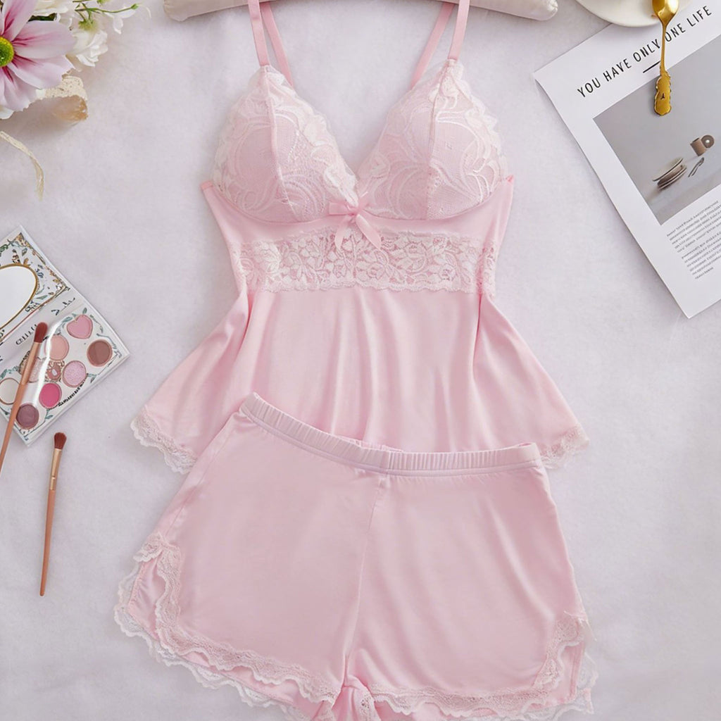 Lace Trim Cami Sleepwear Set for Women | Sexy Casual Home Loungewear Top & Shorts | 2-Piece Pajama Set