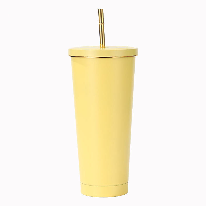 304 Stainless Steel Insulated Coffee Tumbler with Straw | Double Wall Vacuum Car Travel Mug with Gold Rim