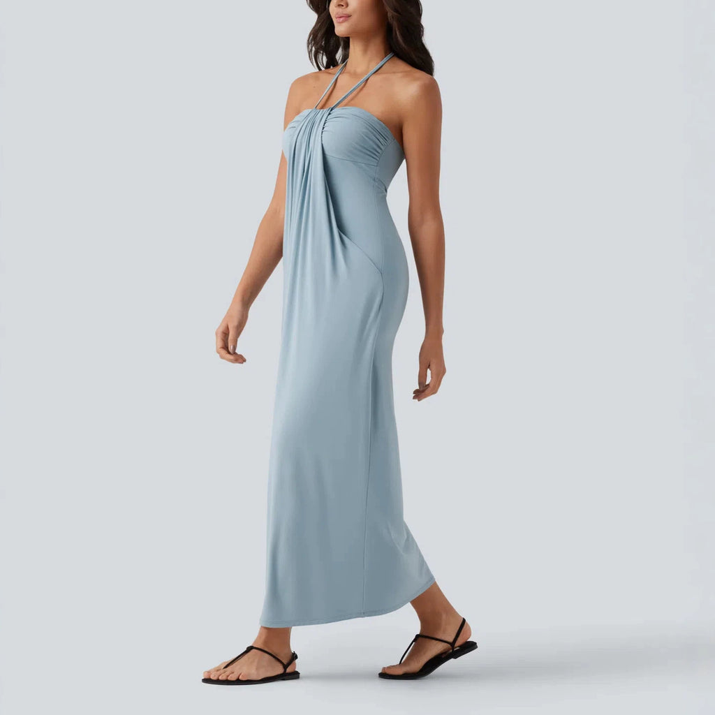 Women’s Light Blue Halter Neck Maxi Dress | Strapless Draped Long Dress with Pockets