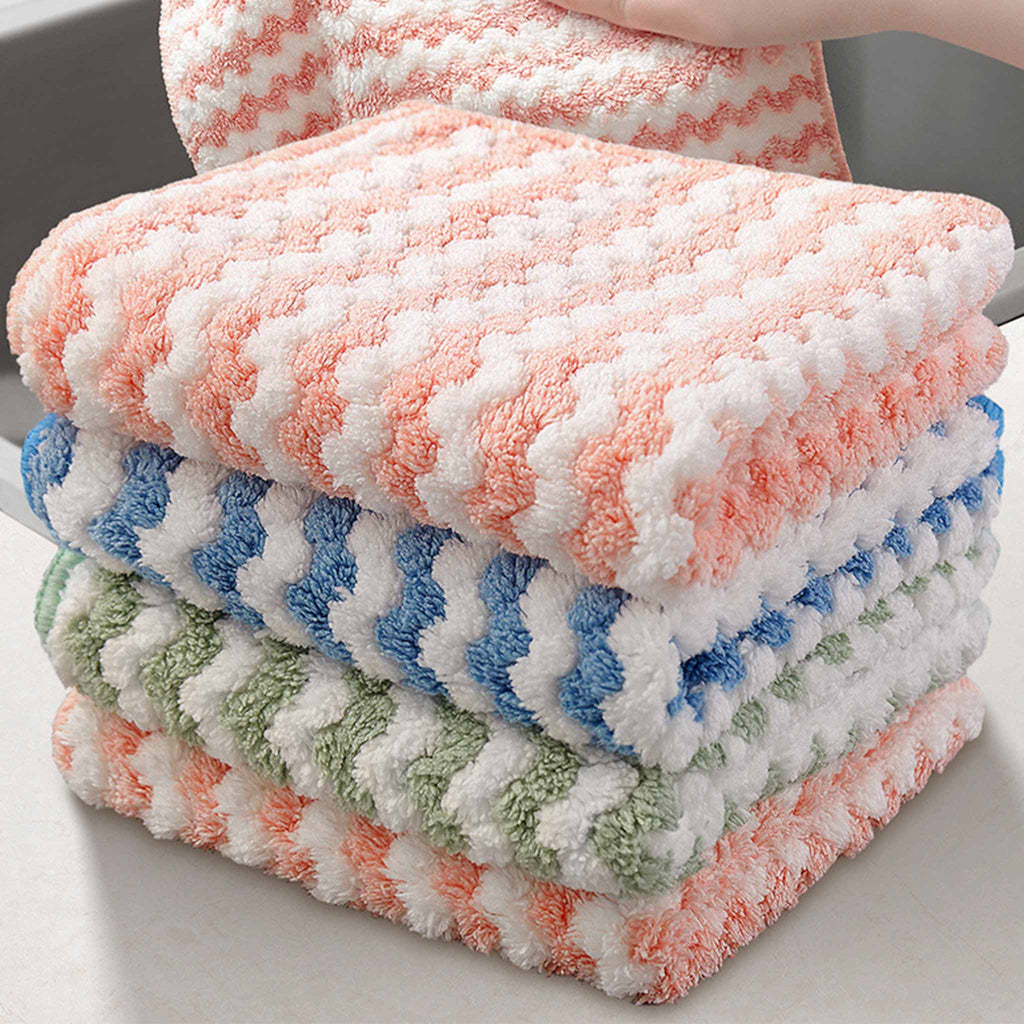 Coral Fleece Dishcloth Set | Super Absorbent Wave Pattern Cleaning Cloth | Kitchen & Hand Towel