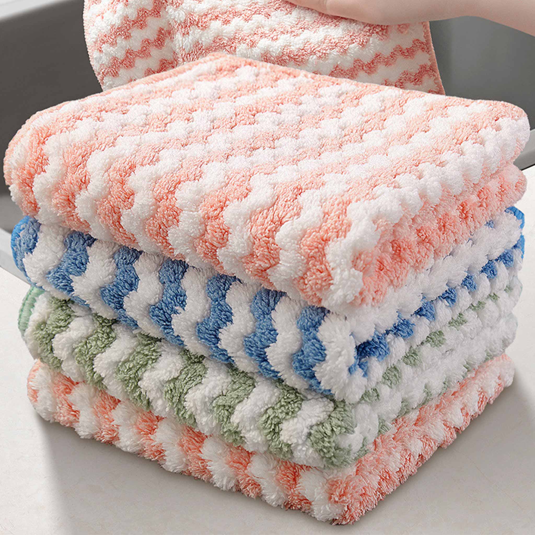 Coral Fleece Dishcloth Set | Super Absorbent Wave Pattern Cleaning Cloth | Kitchen & Hand Towel