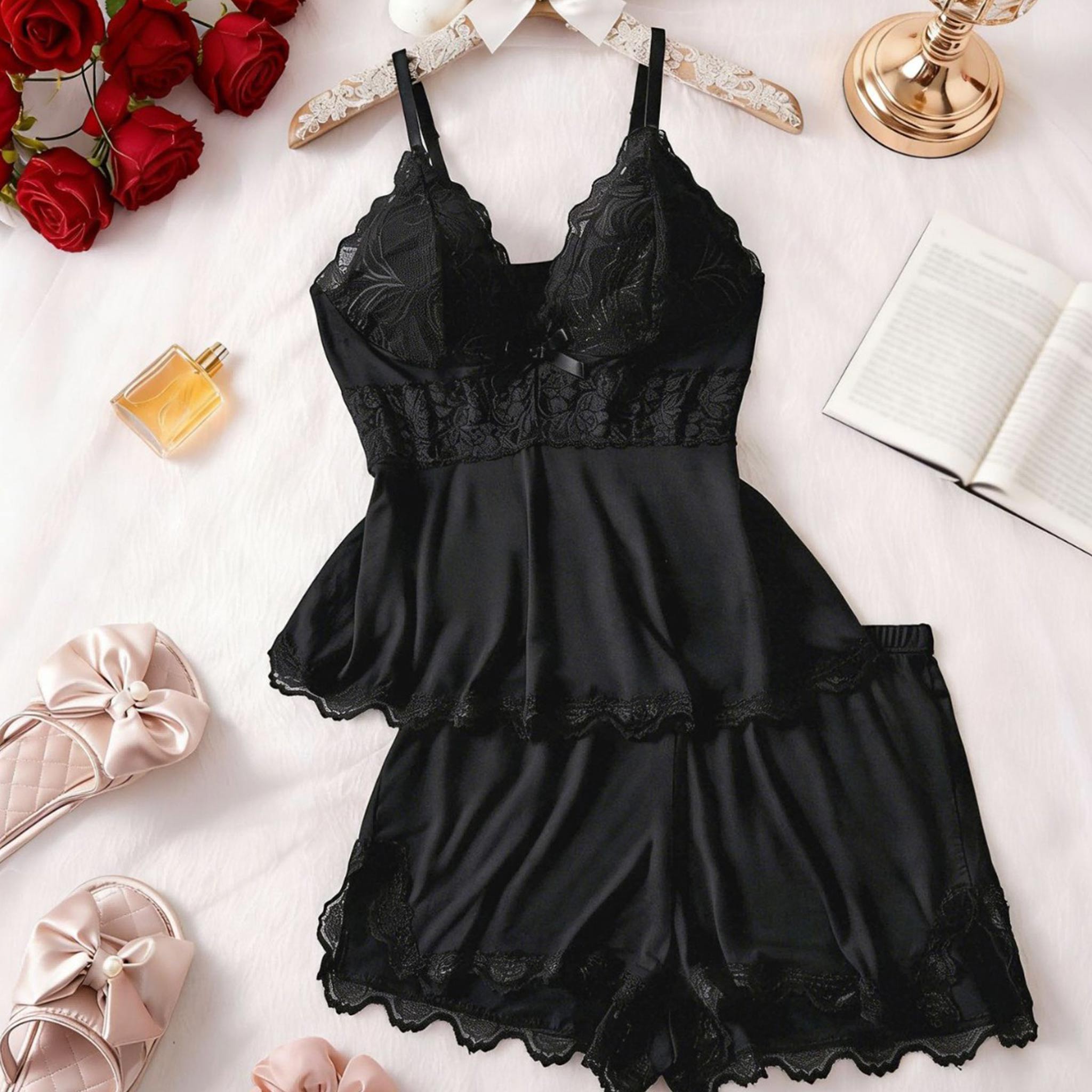 Lace Trim Cami Sleepwear Set for Women | Sexy Casual Home Loungewear Top & Shorts | 2-Piece Pajama Set