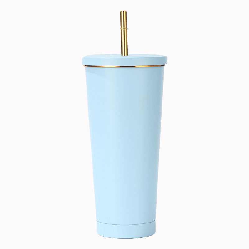 304 Stainless Steel Insulated Coffee Tumbler with Straw | Double Wall Vacuum Car Travel Mug with Gold Rim