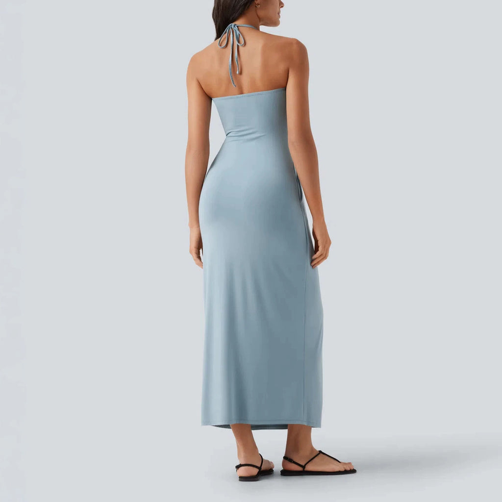 Women’s Light Blue Halter Neck Maxi Dress | Strapless Draped Long Dress with Pockets