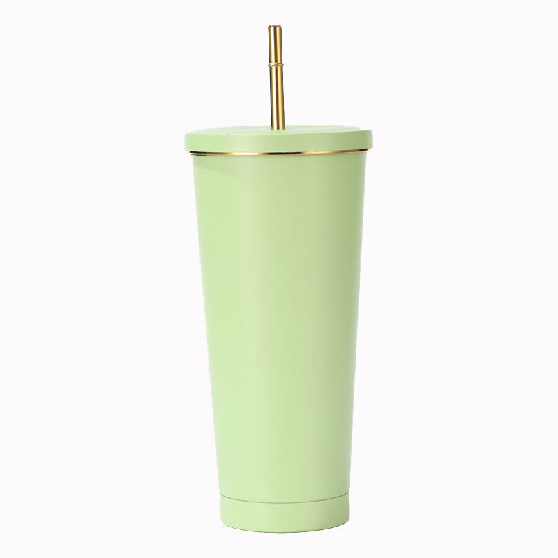 304 Stainless Steel Insulated Coffee Tumbler with Straw | Double Wall Vacuum Car Travel Mug with Gold Rim