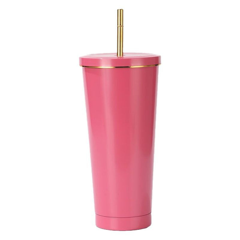 304 Stainless Steel Insulated Coffee Tumbler with Straw | Double Wall Vacuum Car Travel Mug with Gold Rim