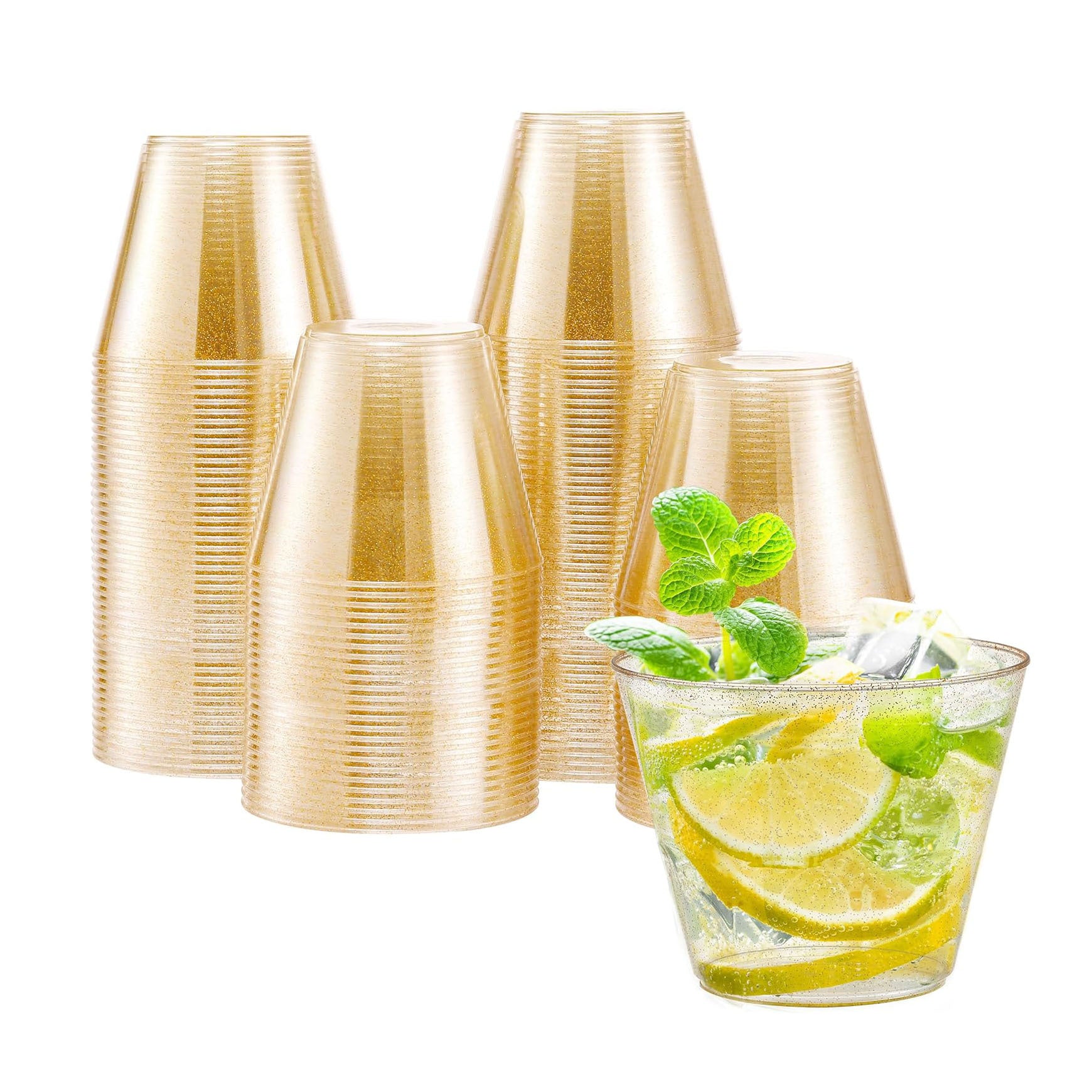 Gold Glitter Plastic Wine Glasses | Disposable Cocktail Cups for Parties, Weddings & Celebrations