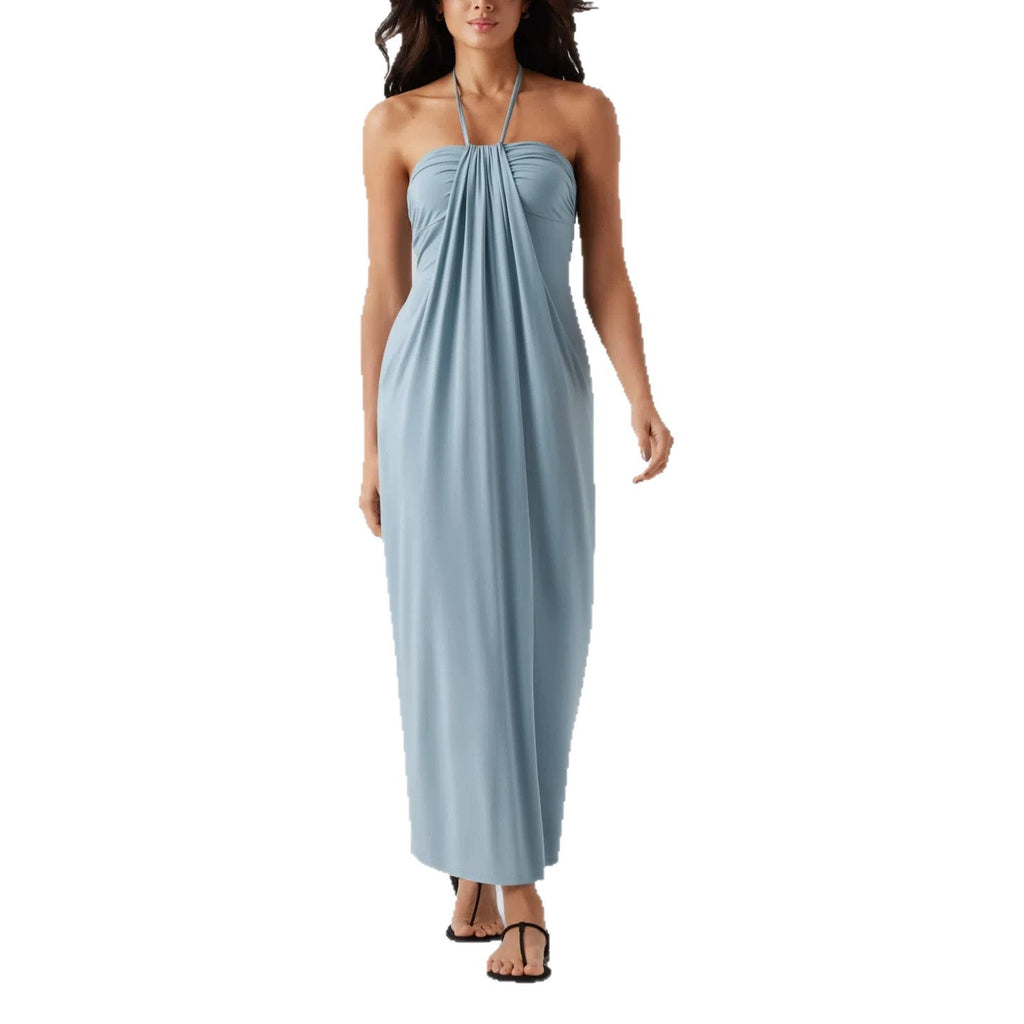 Women’s Light Blue Halter Neck Maxi Dress | Strapless Draped Long Dress with Pockets