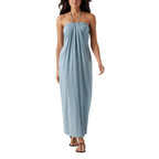 Women’s Light Blue Halter Neck Maxi Dress | Strapless Draped Long Dress with Pockets