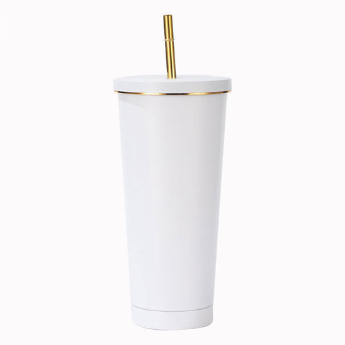 304 Stainless Steel Insulated Coffee Tumbler with Straw | Double Wall Vacuum Car Travel Mug with Gold Rim