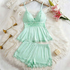 Lace Trim Cami Sleepwear Set for Women | Sexy Casual Home Loungewear Top & Shorts | 2-Piece Pajama Set