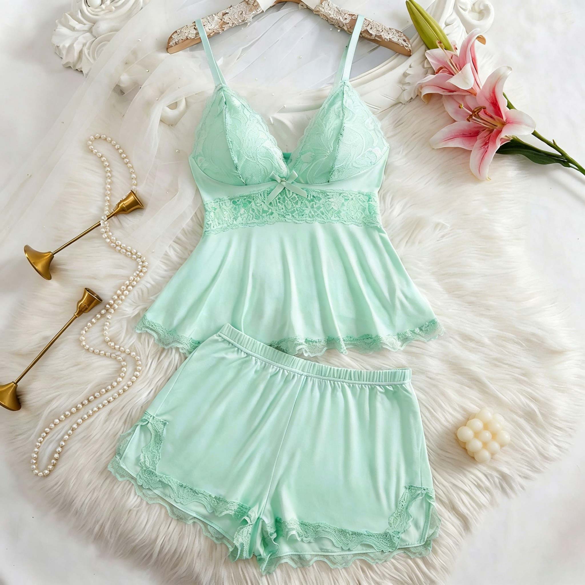 Lace Trim Cami Sleepwear Set for Women | Sexy Casual Home Loungewear Top & Shorts | 2-Piece Pajama Set