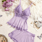 Lace Trim Cami Sleepwear Set for Women | Sexy Casual Home Loungewear Top & Shorts | 2-Piece Pajama Set
