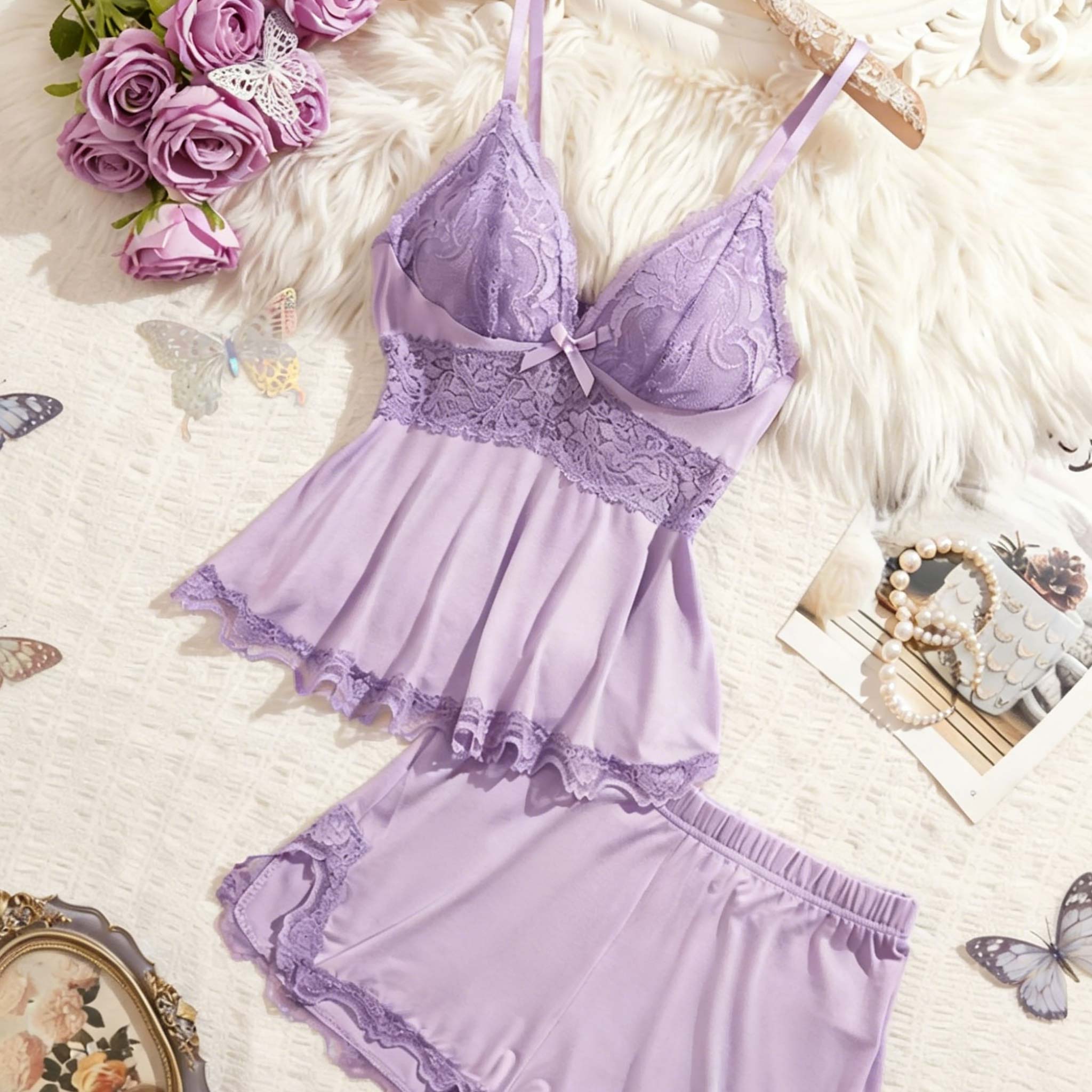 Lace Trim Cami Sleepwear Set for Women | Sexy Casual Home Loungewear Top & Shorts | 2-Piece Pajama Set