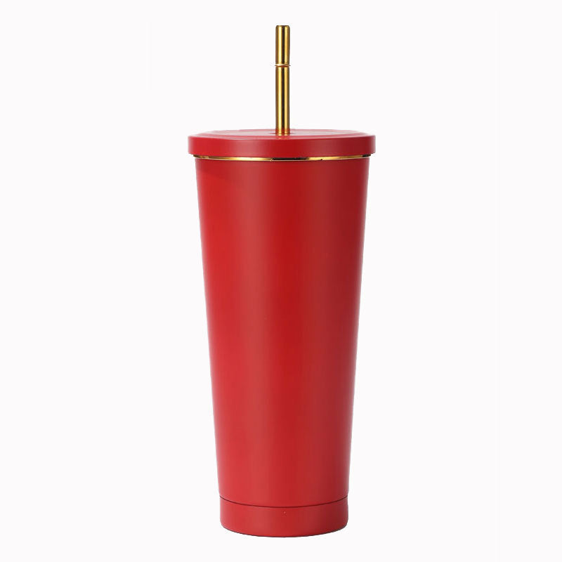 304 Stainless Steel Insulated Coffee Tumbler with Straw | Double Wall Vacuum Car Travel Mug with Gold Rim