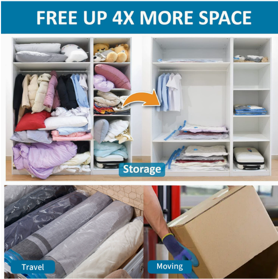 Vacuum Compression Storage Bags – 4-Pack with Hand Pump | Space-Saving Clothes Organizer