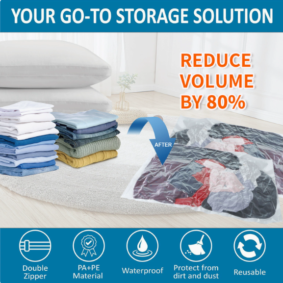 Vacuum Compression Storage Bags – 4-Pack with Hand Pump | Space-Saving Clothes Organizer