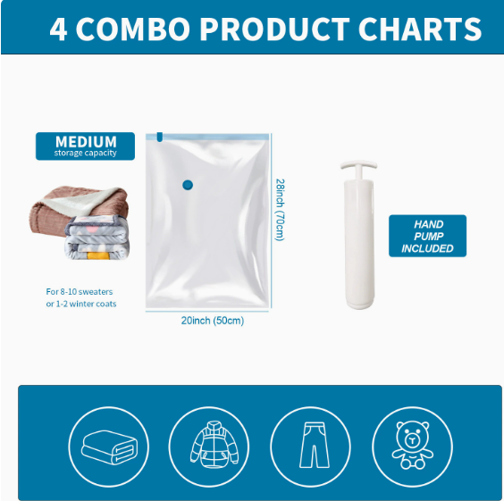 Vacuum Compression Storage Bags – 4-Pack with Hand Pump | Space-Saving Clothes Organizer