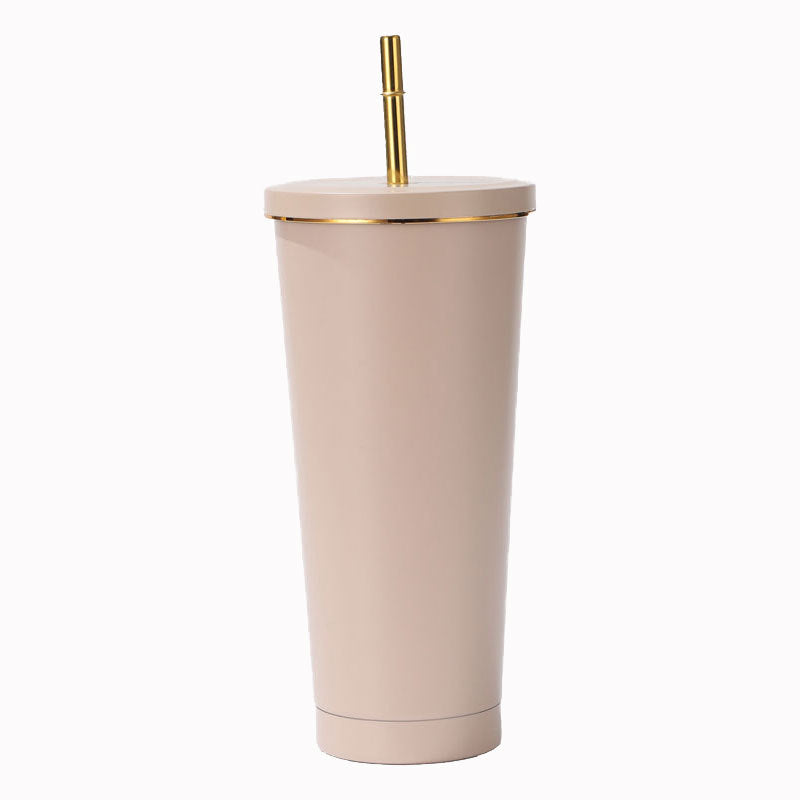 304 Stainless Steel Insulated Coffee Tumbler with Straw | Double Wall Vacuum Car Travel Mug with Gold Rim