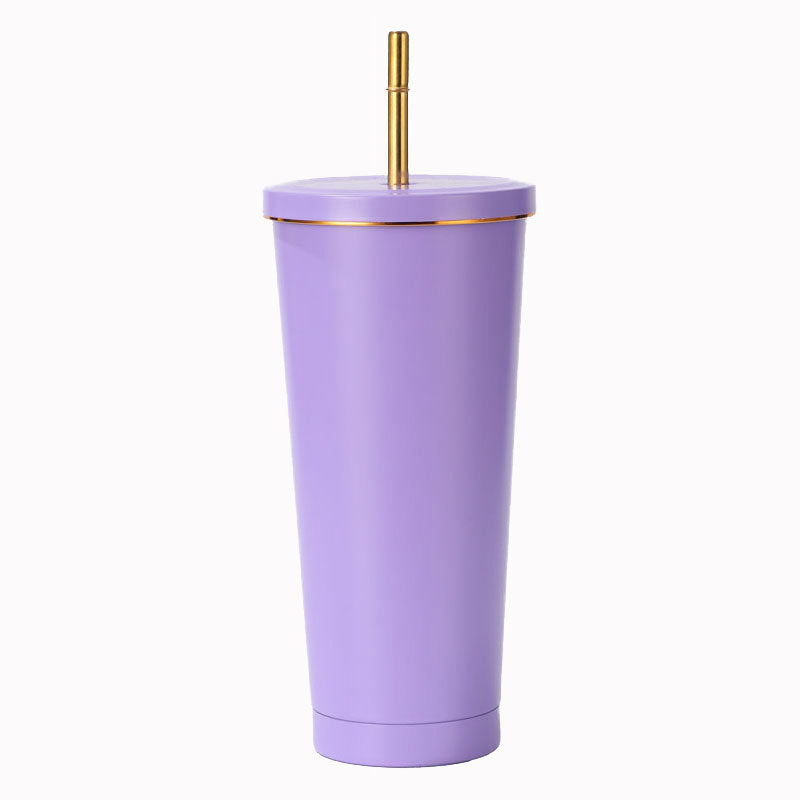 304 Stainless Steel Insulated Coffee Tumbler with Straw | Double Wall Vacuum Car Travel Mug with Gold Rim